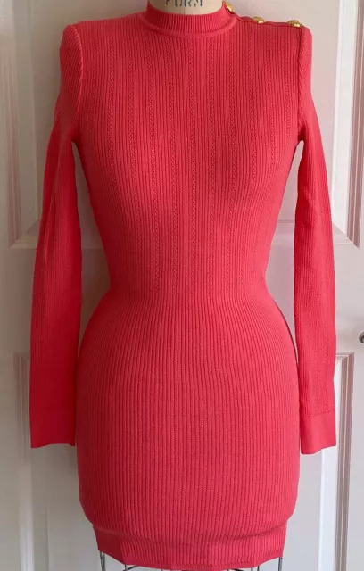 New  Balmain Coral Ribbed Viscose Knit Mini Gold Buttons Dress 38