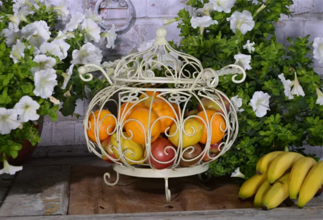 Panier Corbeille Fruits Cuisine Vintage Shabby Chic Blanc Metal Fer Forge Ancien 3