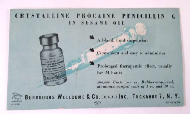 RARE Vintage CRYSTALLINE PROCAINE PENICILLIN IN SEASAME OIL INK BLOTTER CARD
