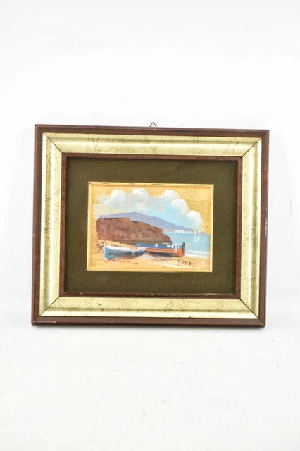 Quadro Paesaggio Con Barche Orizzontale Dipinto Su Foglia Oro Vanni 26x32 Cm