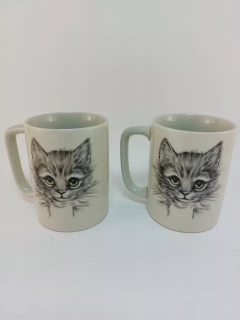 2 VTG Otagiri Coffee Mugs Tea Cup Gray Tabby Cat Green Eyes  Gibson Greetings