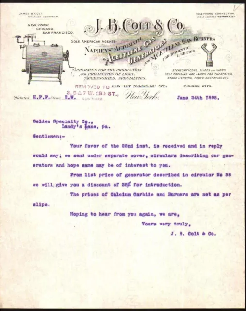 1898 J B Colt & Co - Naphey's Automatic Acetylene Gas Generators - Letter Head