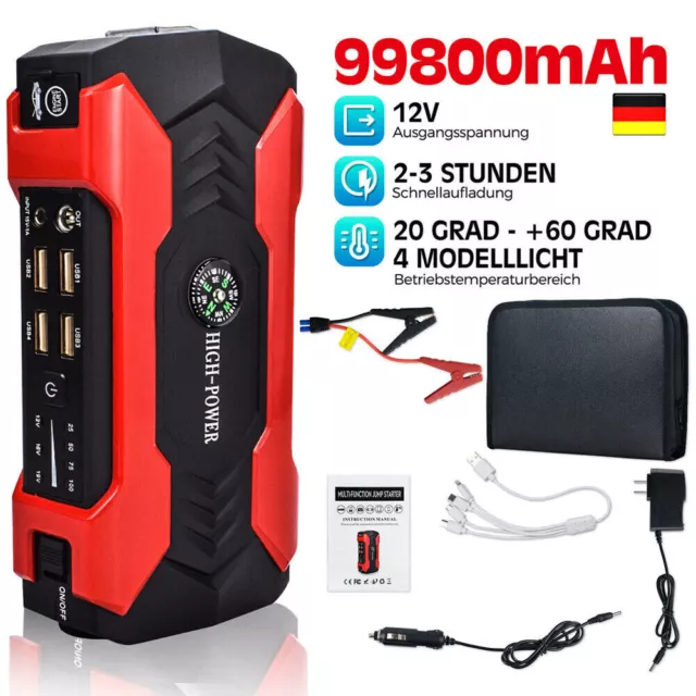 99800mAh  Auto KFZ Starthilfe Jump Starter 12V Ladegerät Booster Power Bank PKW