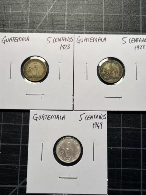 3x Guatemala Silver 5 Centavos 1928 1929 1949