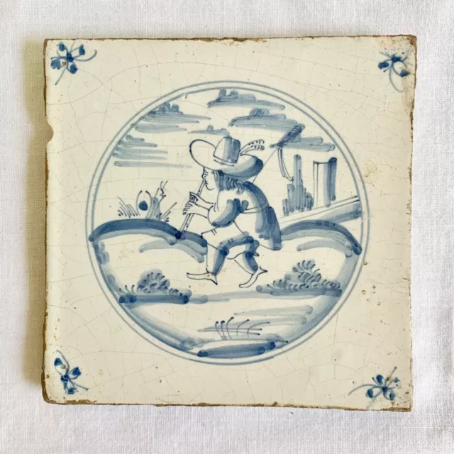 Antique Delft Blue Tile with Musician / Flute Player - 19th. century.