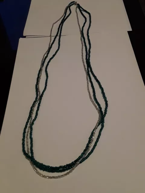 Stylish Retro Multisranded Green And Silver Glass Seed Bead Necklace. 32"