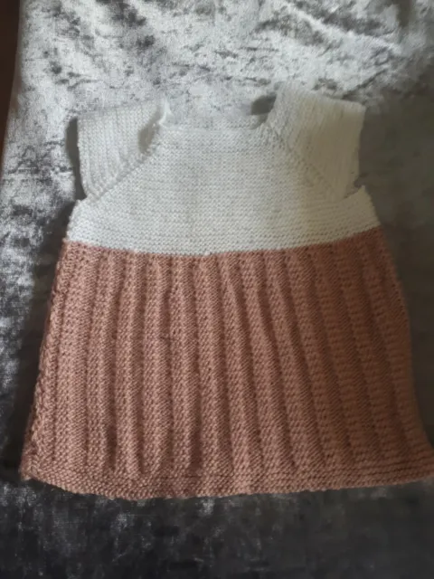 Knitted  Baby Dress,White,Pink,3/6 Mths, Hand Made.