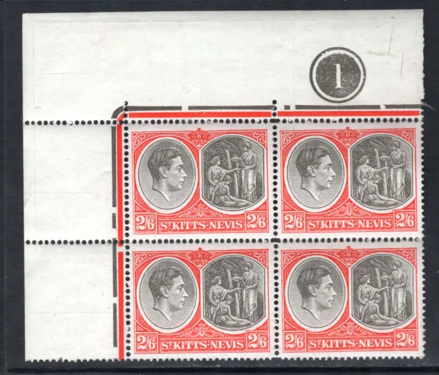 M21116 St Kitts Nevis 1943 SG76a 2/6d perf 14 chalky paper PLATE (1) block of 4