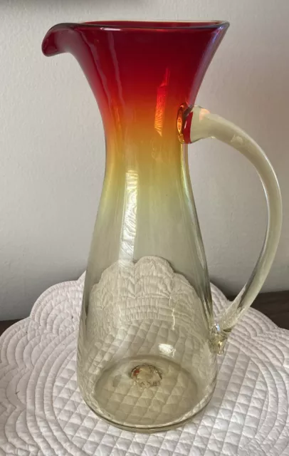 Blenko Glass Pitcher Amberina Glass 12” tall Tangerine Ombré Glows Hand Blown