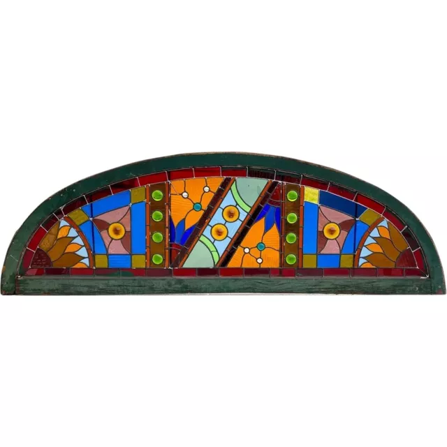 Large Antique American Stained, Leaded & Jeweled Glass Transom Window c. 1880
