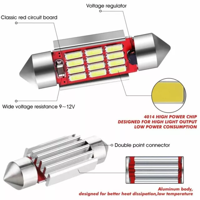 4 Lampade LED Siluro 36mm 12 SMD 4014 Canbus Xenon Luci BIANCO Interno Targa C5W 3