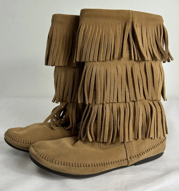 MINNETONKA 3 LAYER Fringe Boot Womens Style 1635F Loden Size 6 M