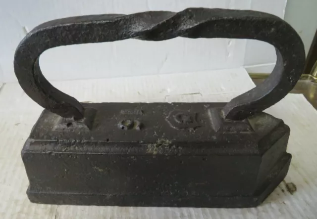 HUGE Primitive, 1800's Cast Iron Flat Sad Iron Twisted Handle, 15+ LB