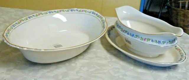 Vintage Syracuse China Melrose Serving Bowl & Gravy Boat w/ Attached Under Plate