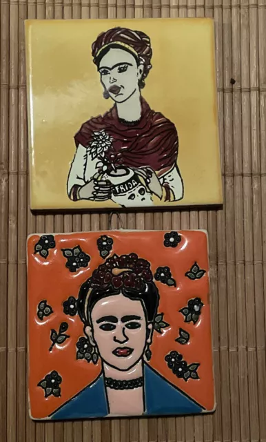 2 Mexico clay fired hand made tiles Frida Kahlo Talavera Tile 4”