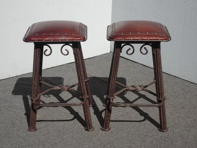 Pair Vintage Ornate Wrought Iron Bar Stools Leather Seats ~ Spanish Style Clavos 2