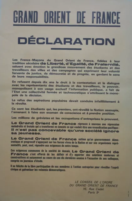 Affiche originale  Grand Orient de France Déclaration Mai 1968. pv250.