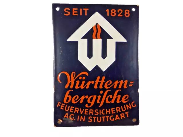 Vintage Emaille-Schild: Württembergische FEUERVERSICHERUNG AG. IN STUTTGART