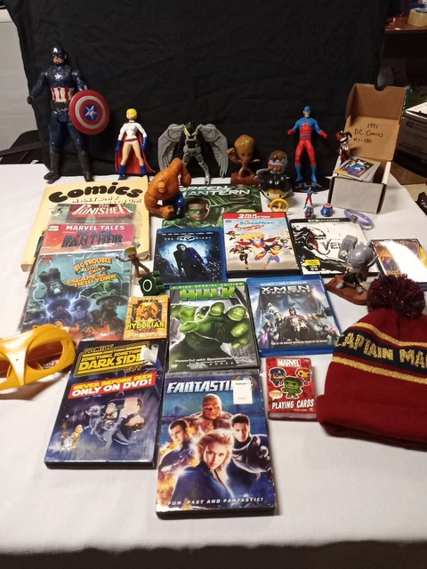 Huge Mixed Lot Vintage DC & Marvel DVDs, 180 DC Cards, Figurines, Comic Books +
