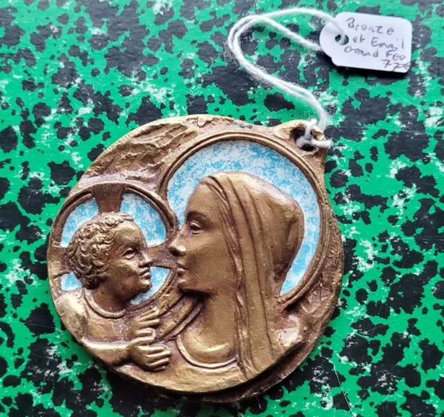 Superbe Médaille Vierge à L'enfant en Bronze et Email Grand Feu 68 mm 104,95 g