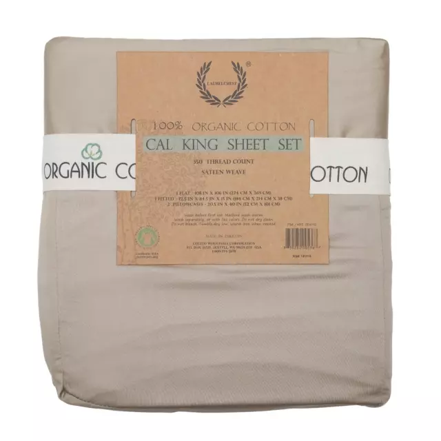 LaurelCrest 100% Organic Cotton Cal King Sheet Set 350 Thread Count Sateen Weave
