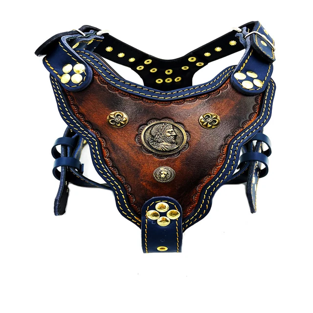 Dark Brown Ancient Rome Leather Embroidered Dog Harness, Handmade