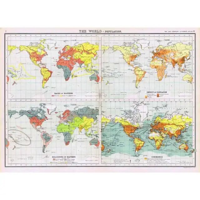 THE WORLD POPULATION; Races, Density, Religion - Antique Map 1902 by Bartholomew