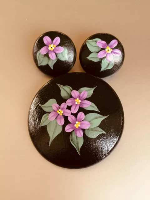 Earrings Pin Brooch Set Artisan Hand Painted Violets Signed NICE Vintage