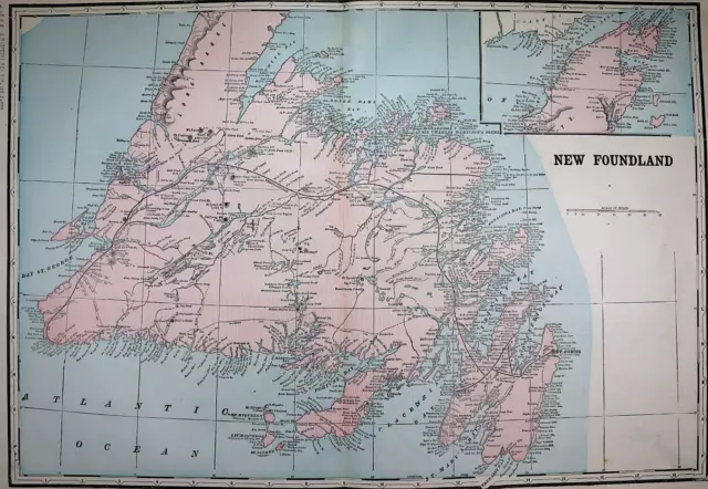 Old (21x14) 1899 Cram's Atlas Map ~ NEW FOUNDLAND, CANADA  ~ Free S&H ~Inv#500