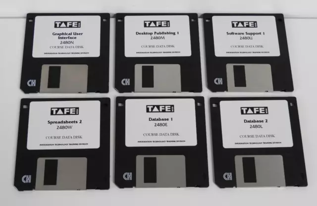 6x 3.5" Floppy Disks 1.44 MB HD 1990s TAFE NSW Assorted Course Data Disks