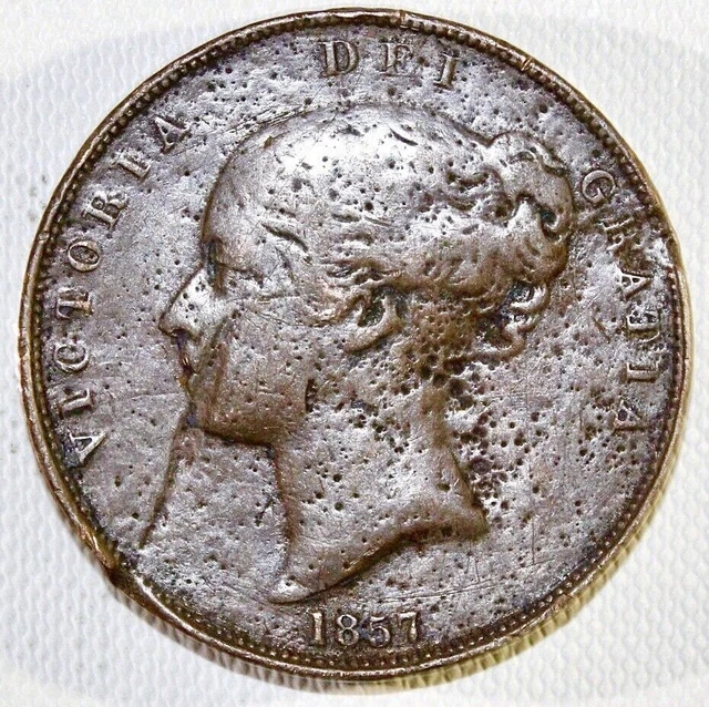 1857 Penny - Victoria British Copper Coin - Unique Wear