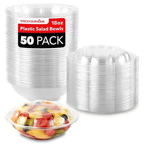 50 Pack 18oz Disposable Plastic Serving Rose Bowls with Lids Salad Containers