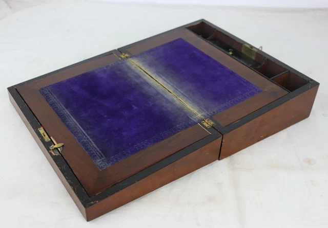 Antique Wooden Blue/Purple Velvet Traveling Portable Writing Lap Desk - SEE DESC