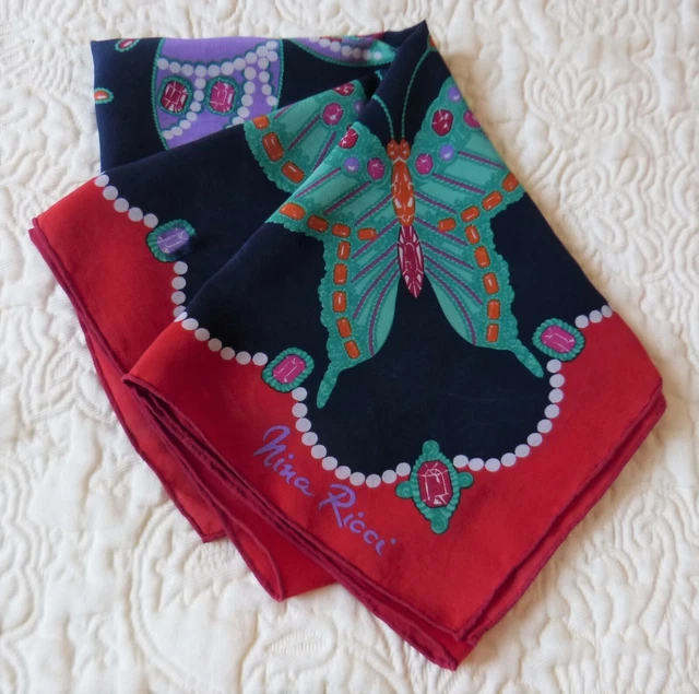 Foulard Nina Ricci 100% Soie – Rouge – Fait Main – Vintage – 87 Cm