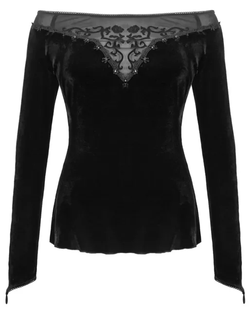 Devil Fashion Womens Gothic Off Shoulder Blouse Top Black Velvet Flock Rose Mesh