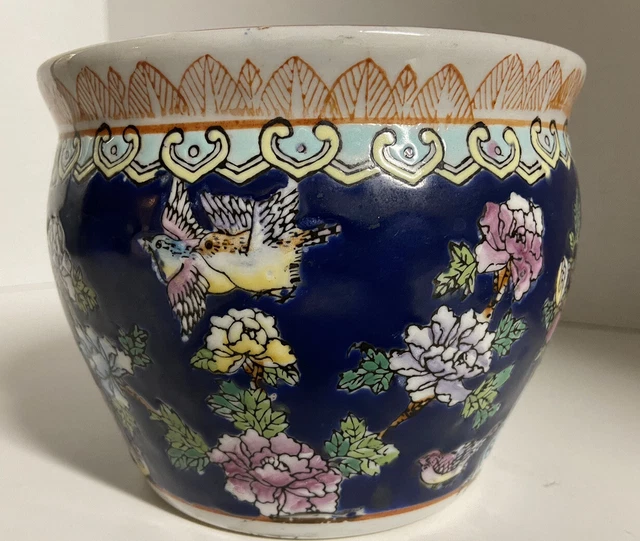 CHINESE KOI FISH Bowl 6" Jardiniere Pot Planter Hand Painted Porcelain