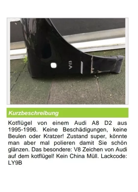 Audi A8 d2 Kotflügel Beifahrerseite LY9B Schwarz V8 Schriftzug 2