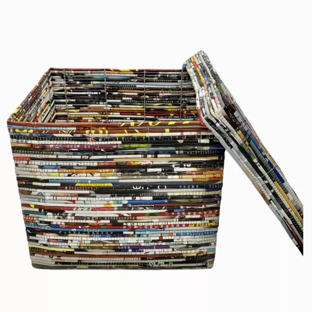 Vintage Rolled Magazine Basket Box Chic Folk Art Shabby MCM Decor Teen Abstract