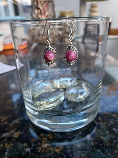 Lovely Pink/Purple Jasper Ornate Oval Earrings.  Sterling Silver Hooks.