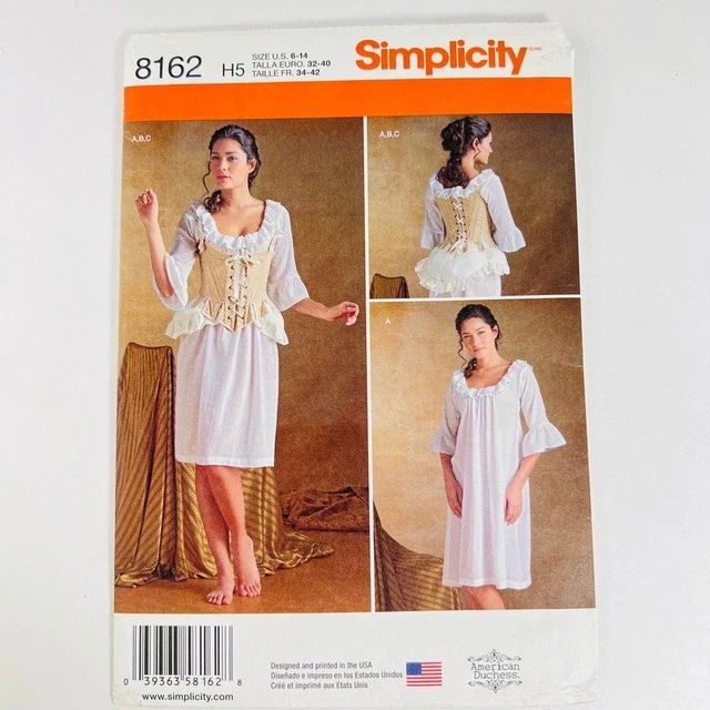Simplicity 18th Century Undergarment Corset Costume Night Shirt Pattern Cut 8162