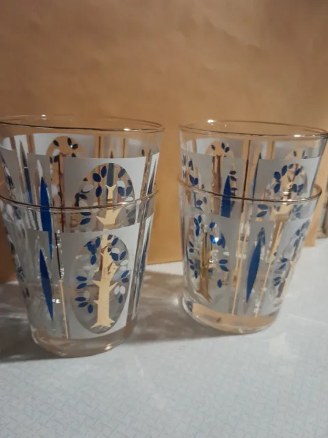 Vintage Libbey MCM lowball Glasses Vintage Barware Blue Trees & Leaves
