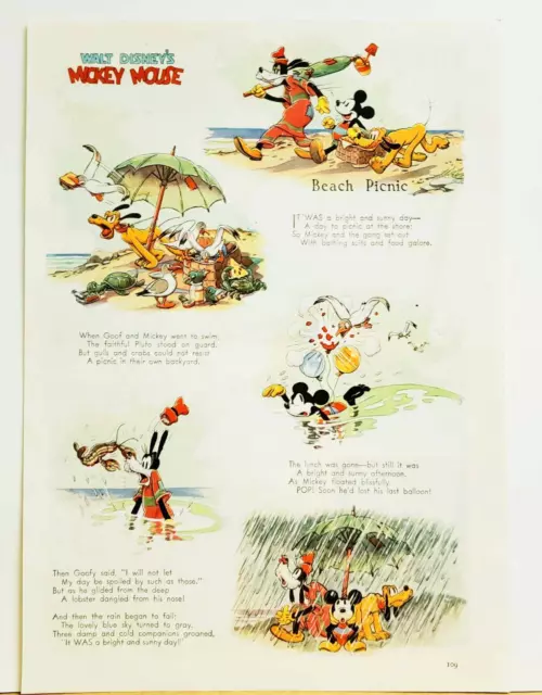 1938 Disney Mickey Mouse Goofy Pluto Beach Picnic Good Housekeeping Rare Cute!