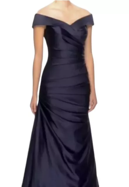 NWT La Femme Off the Shoulder Ruched Satin Navy Blue Trumpet Dress Gown Size 8