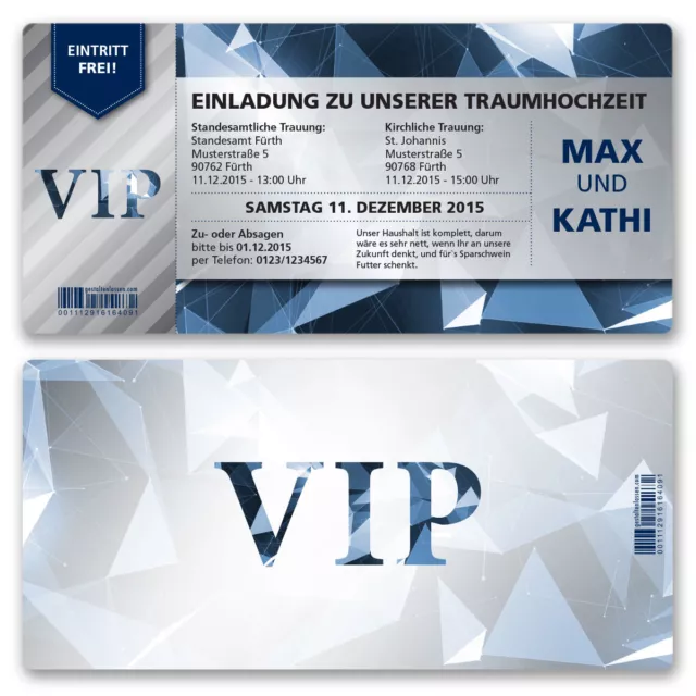 Einladungskarten zur Hochzeit als Eintrittskarte VIP Ticket Einladung Edel Blau