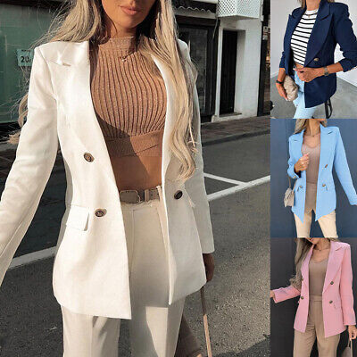 Womens Long Sleeve Double Breasted Cardigan Suit Casual Outwear Coat Jacket Tops