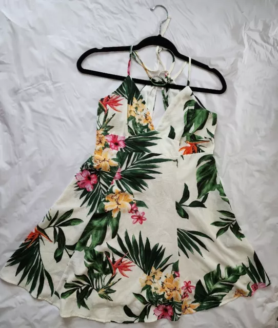 Forever 21 Sz L Floral Summer Vaca Tropical Dress Sleeveless Tie Straps V-neck