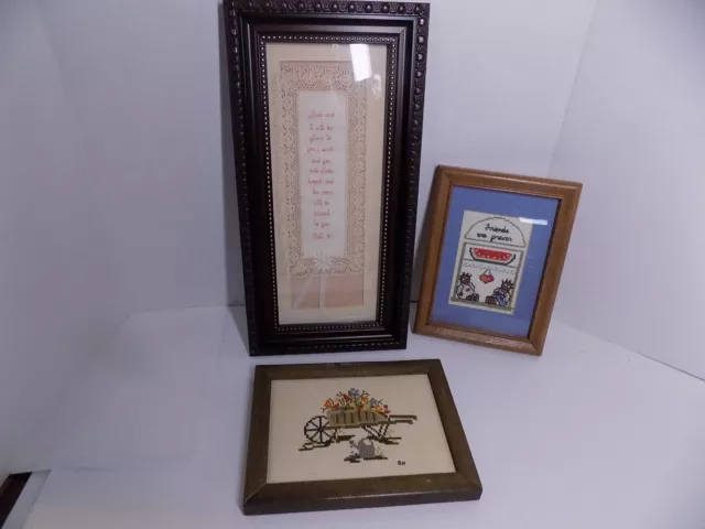 3 Needlepoint Cross Stitch Framed Pictures Friends Flowers Bible Verse Needlewor