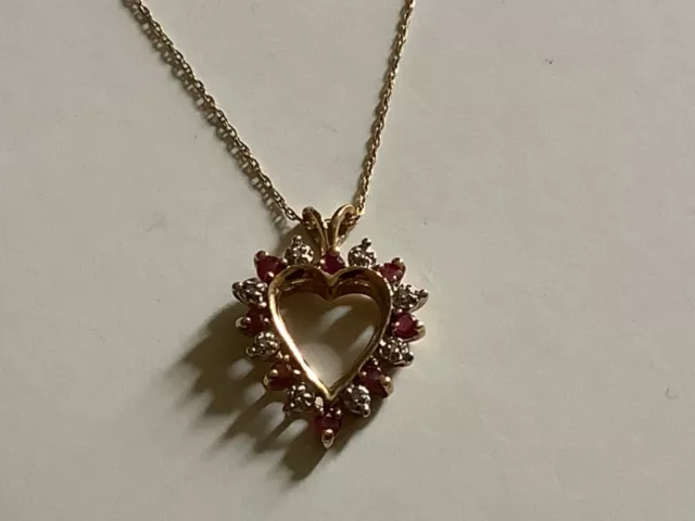 10K YELLOW GOLD (8) Pink & (8) Diamond Stones Heart Pendant w/10k ...