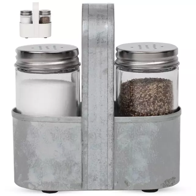 Farmhouse Salt and Pepper Shakers with Caddy Set by Saratoga Home - Silver