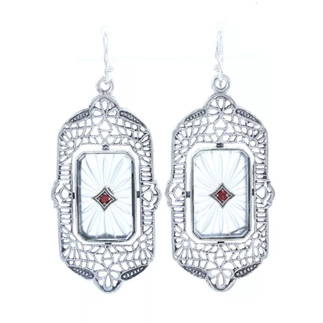 Sterling Ruby & Camphor Glass Filigree Dangle Earrings - 925 Round Milgrain